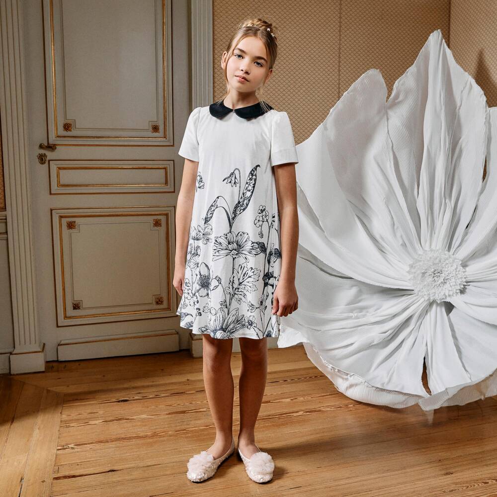 Patachou-Girls White Velour Dress with Black Flowers | Childrensalon
