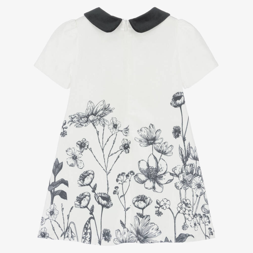 Patachou-Girls White Velour Dress with Black Flowers | Childrensalon