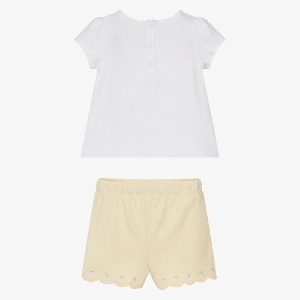Patachou-Girls White & Yellow Cotton Embroidered Jersey Shorts Set | Childrensalon