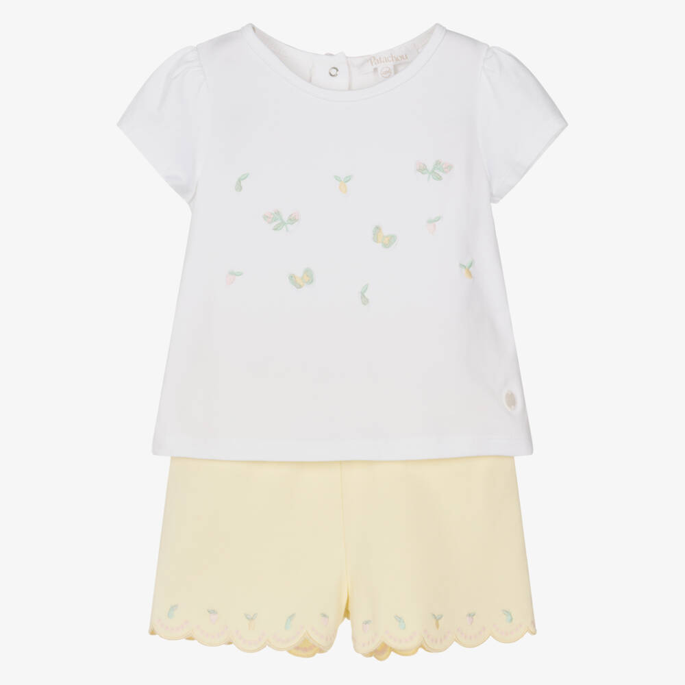 Patachou-Girls White & Yellow Cotton Embroidered Jersey Shorts Set | Childrensalon