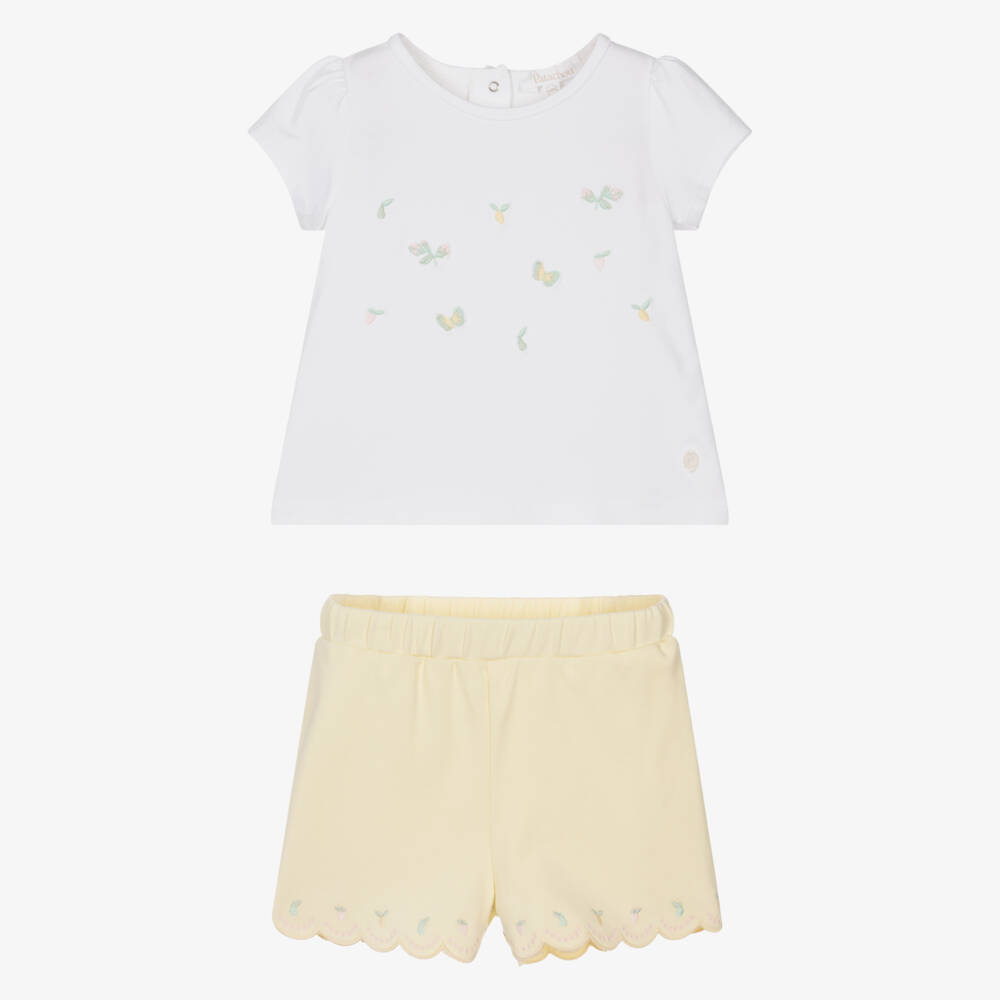 Patachou-Girls White & Yellow Cotton Embroidered Jersey Shorts Set | Childrensalon