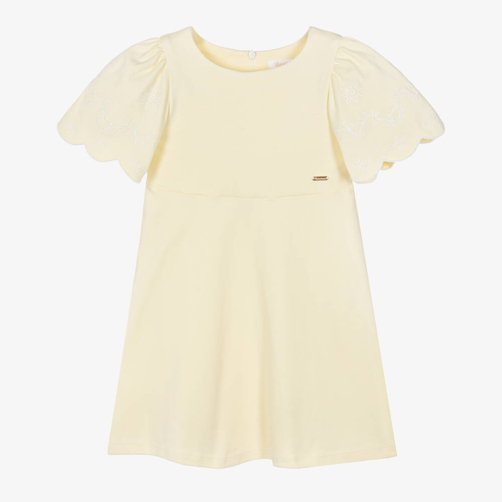 Patachou-Платье желтое из хлопкового трикотажа с вышитыми рукавами для девочек  | Childrensalon