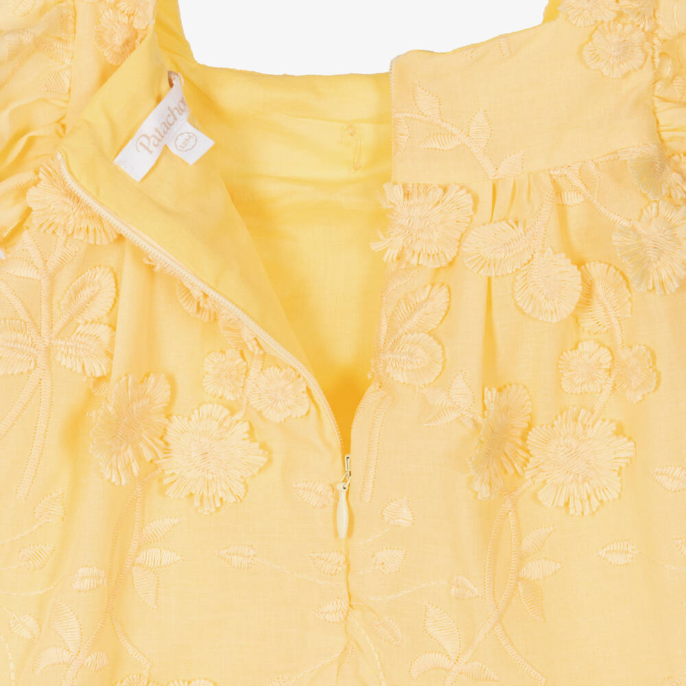 Patachou-Girls Yellow Embroidered Cotton Dress | Childrensalon