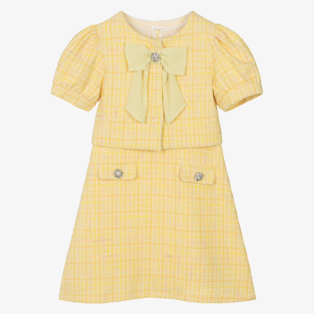 Patachou-Girls Yellow Tweed Dress & Jacket Set  | Childrensalon
