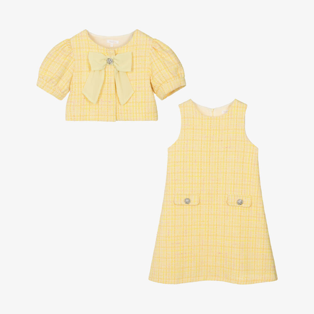 Patachou-Girls Yellow Tweed Dress & Jacket Set  | Childrensalon