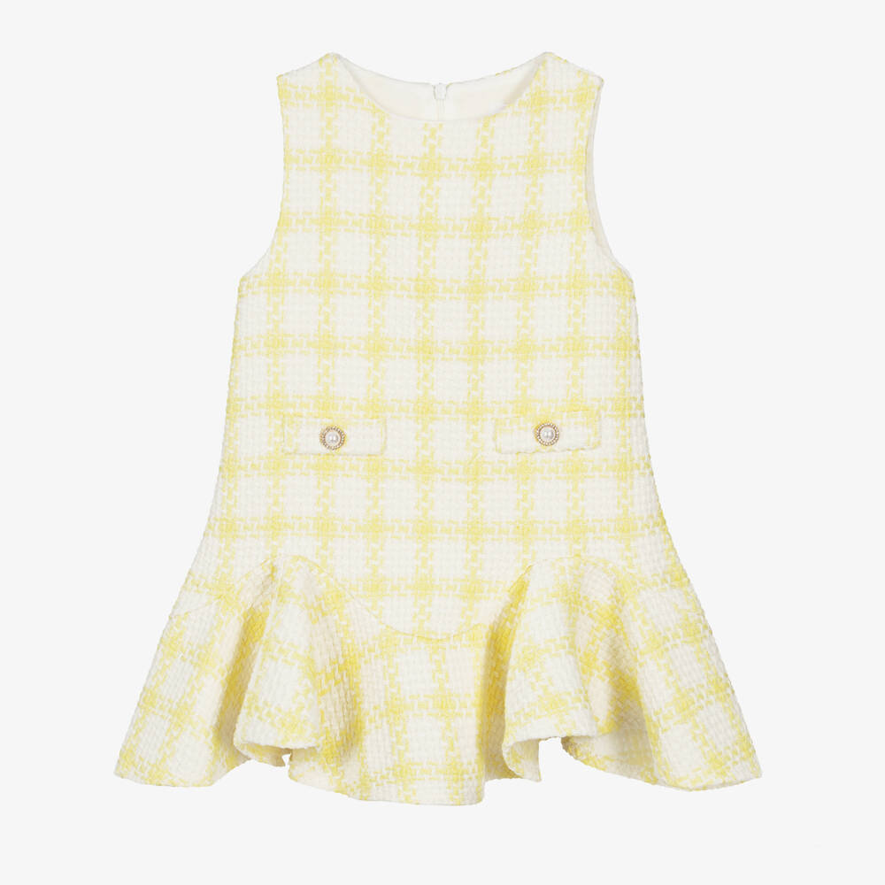 Patachou-Girls Yellow & White Checked Tweed Dress | Childrensalon