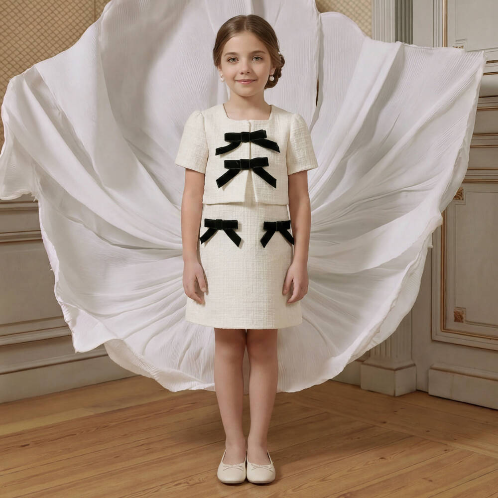 Patachou-Ivory Tweed Dress Set with Black Velvet Bows | Childrensalon