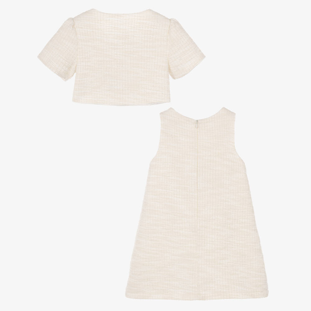 Patachou-Ivory Tweed Dress Set with Black Velvet Bows | Childrensalon