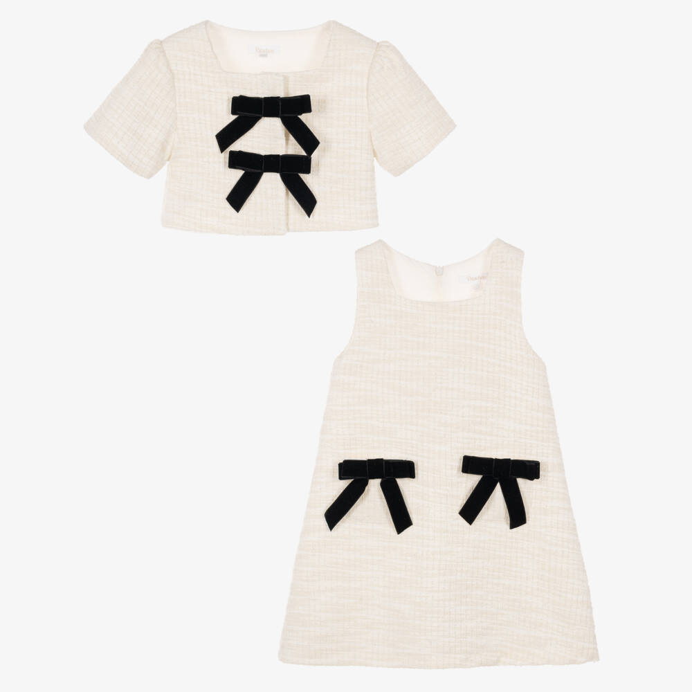 Patachou-Ivory Tweed Dress Set with Black Velvet Bows | Childrensalon