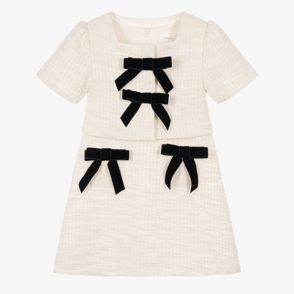 Patachou-Ivory Tweed Dress Set with Black Velvet  Bows | Childrensalon