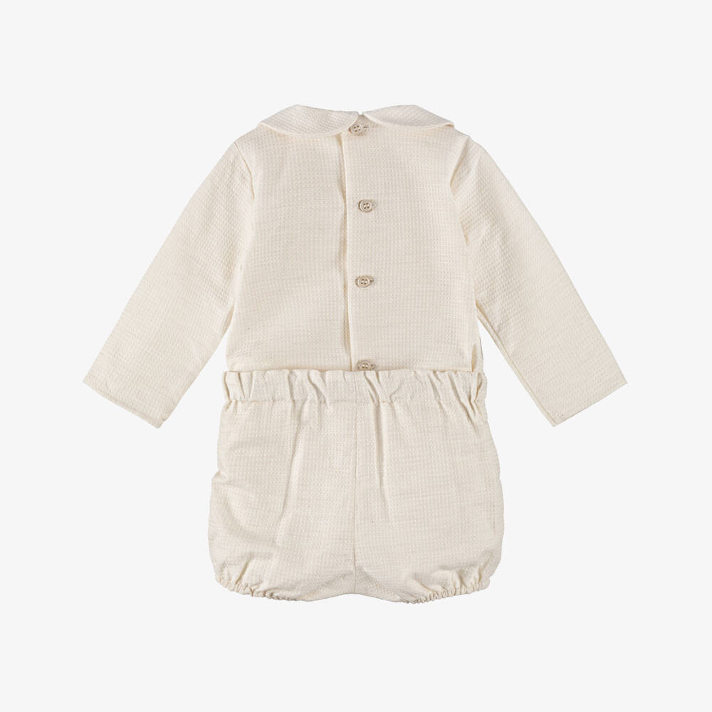 PAZ Rodríguez-Baby Boys Beige Cotton Buster Suit with Lace Trims | Childrensalon