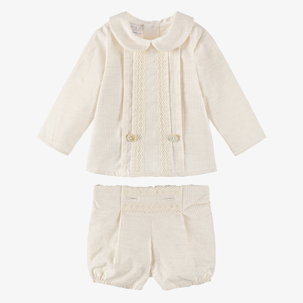 PAZ Rodríguez-Baby Boys Beige Cotton Buster Suit with Lace Trims | Childrensalon