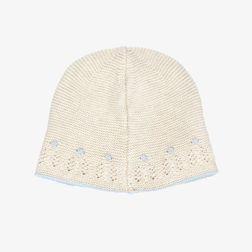 PAZ Rodríguez-Baby Boys Beige Cotton & Cashmere Knit Hat with Blue Trims | Childrensalon