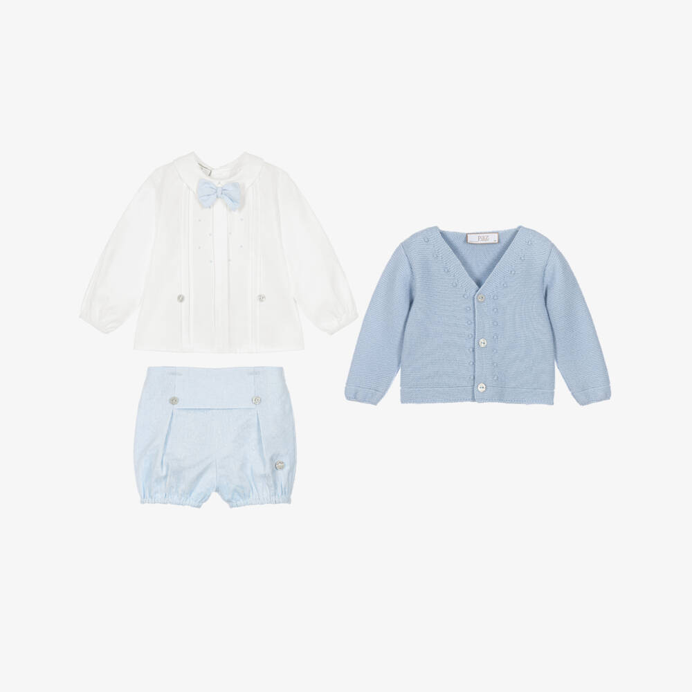 PAZ Rodríguez-Baby Boys Blue Buster Suit Set with Merino Wool Cardigan | Childrensalon