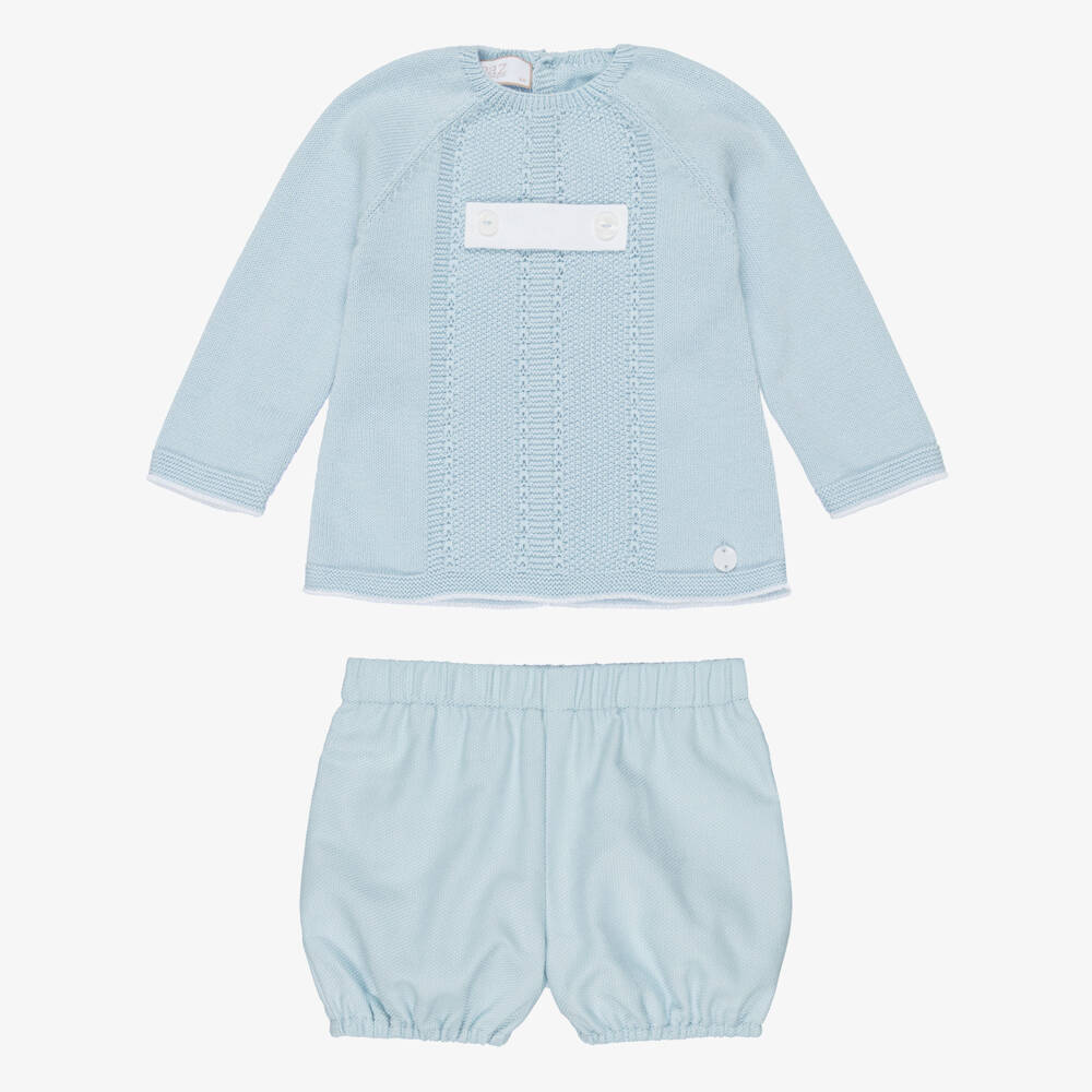 PAZ Rodríguez-Baby Boys Blue Cotton Shorts Set with Knitted Top | Childrensalon