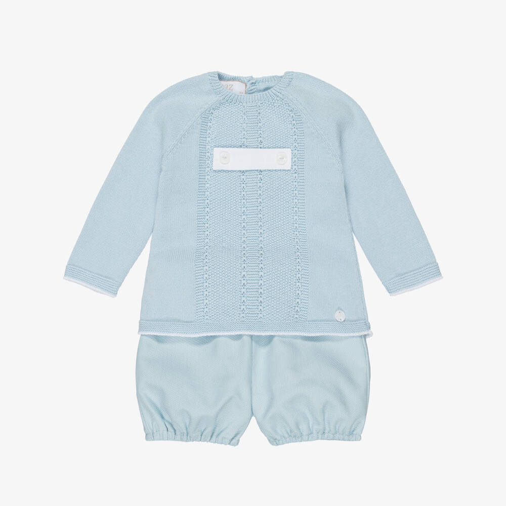 PAZ Rodríguez-Baby Boys Blue Cotton Shorts Set with Knitted Top | Childrensalon