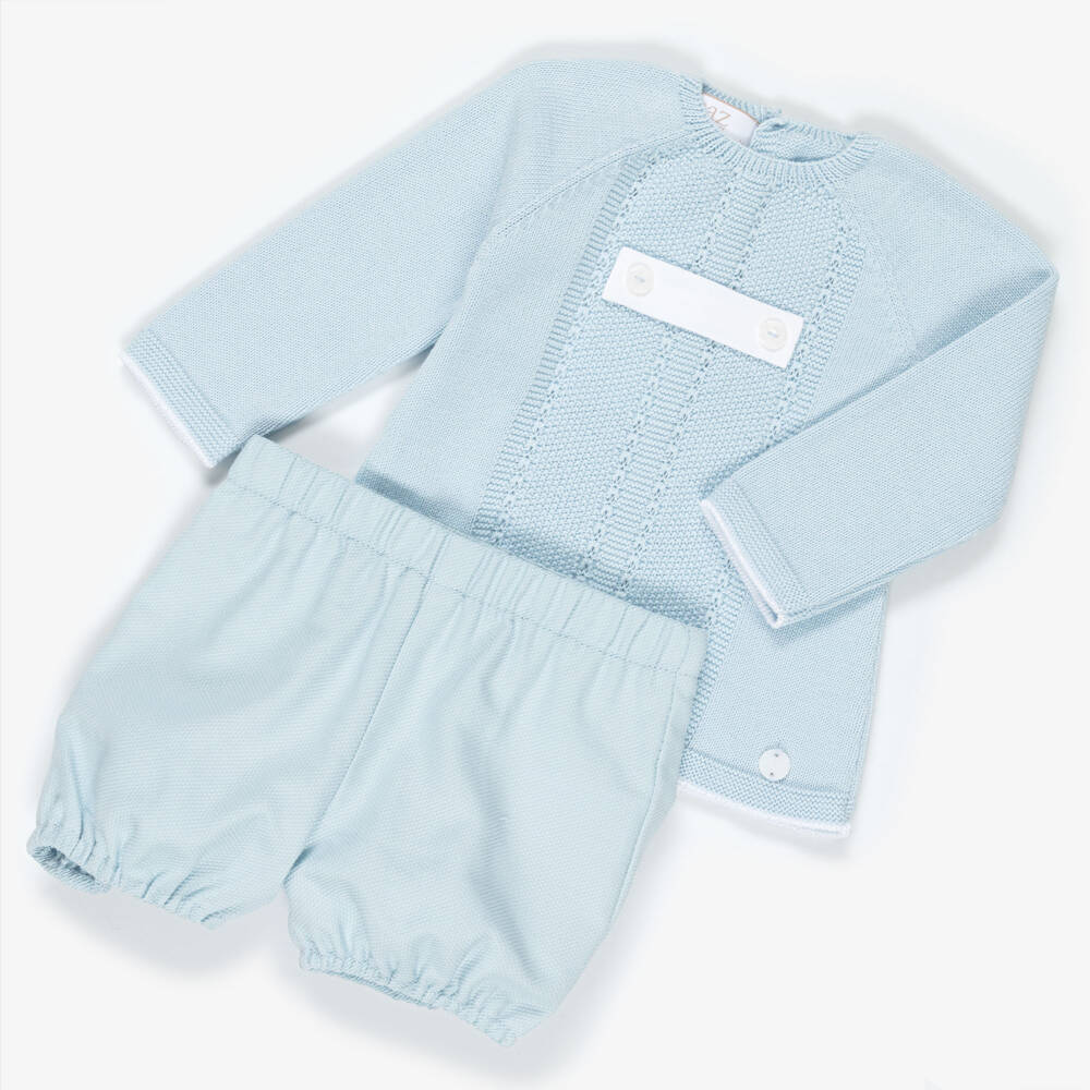 PAZ Rodríguez-Baby Boys Blue Cotton Shorts Set with Knitted Top | Childrensalon