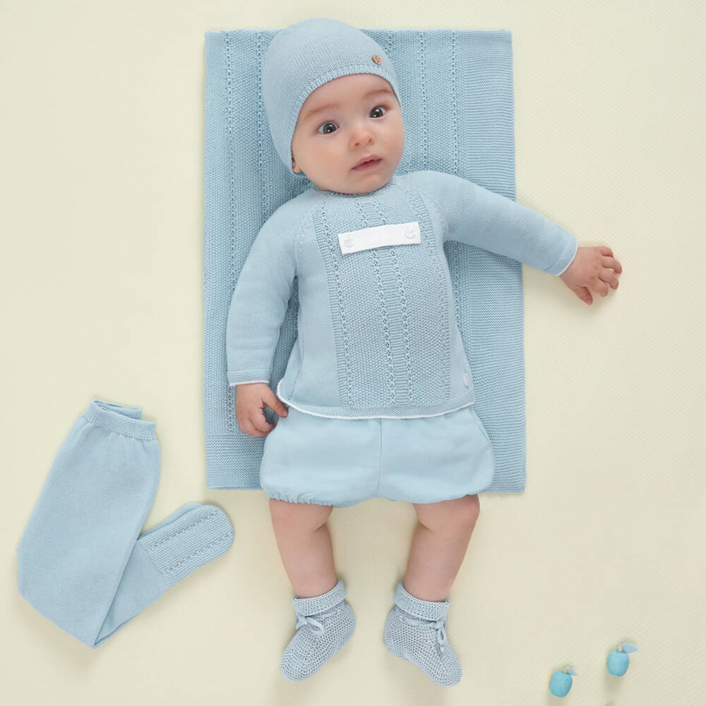 PAZ Rodríguez-Baby Boys Blue Cotton Shorts Set with Knitted Top | Childrensalon