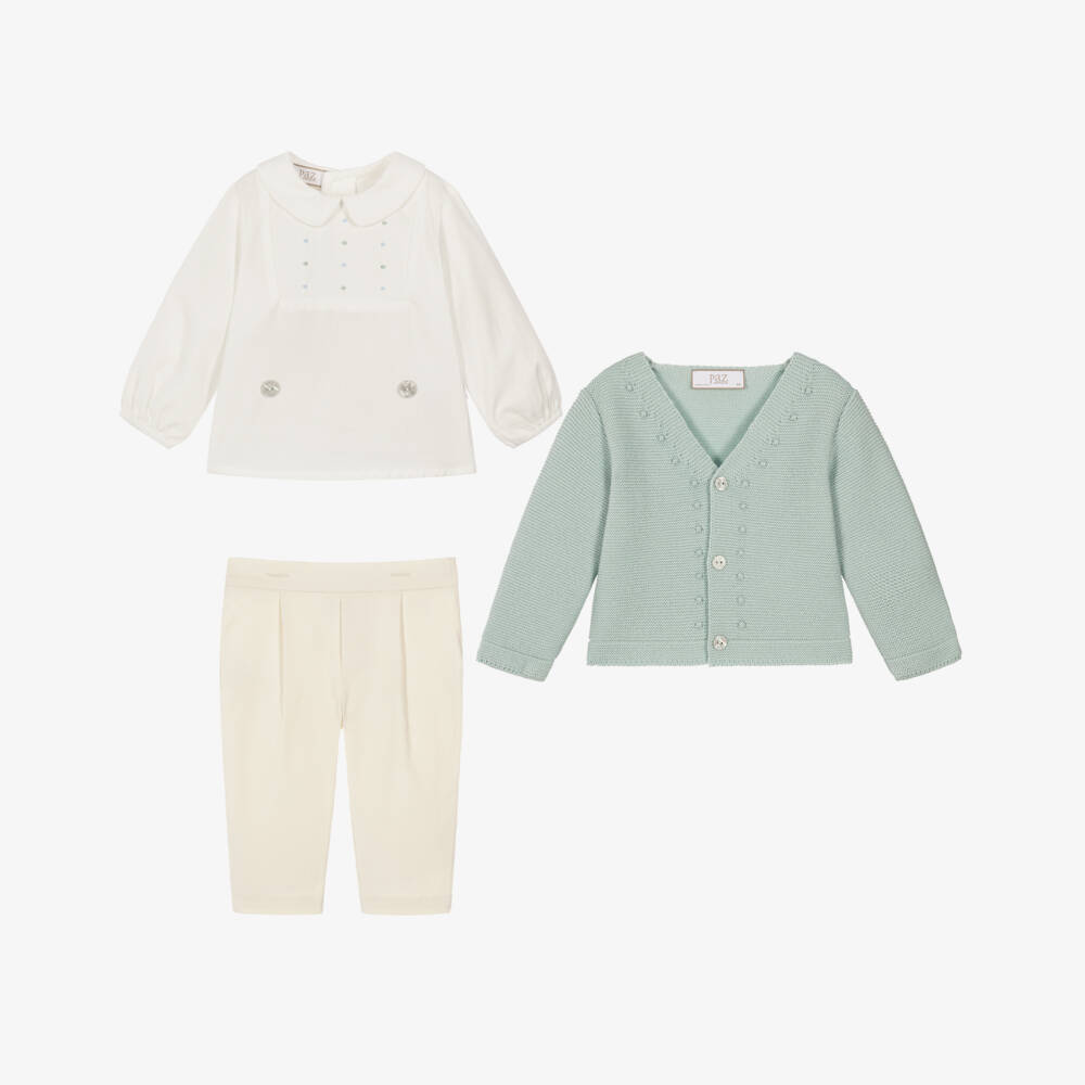 PAZ Rodríguez-Baby Boys Green Cardigan & Ivory Buster Suit Set | Childrensalon