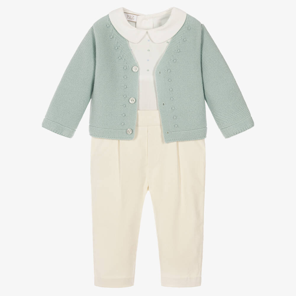 PAZ Rodríguez-Baby Boys Green Cardigan & Ivory Buster Suit Set | Childrensalon
