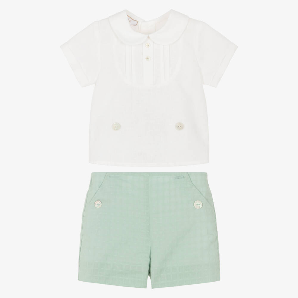 PAZ Rodríguez-Baby Boys Ivory & Aqua Green Linen Buster Suit | Childrensalon