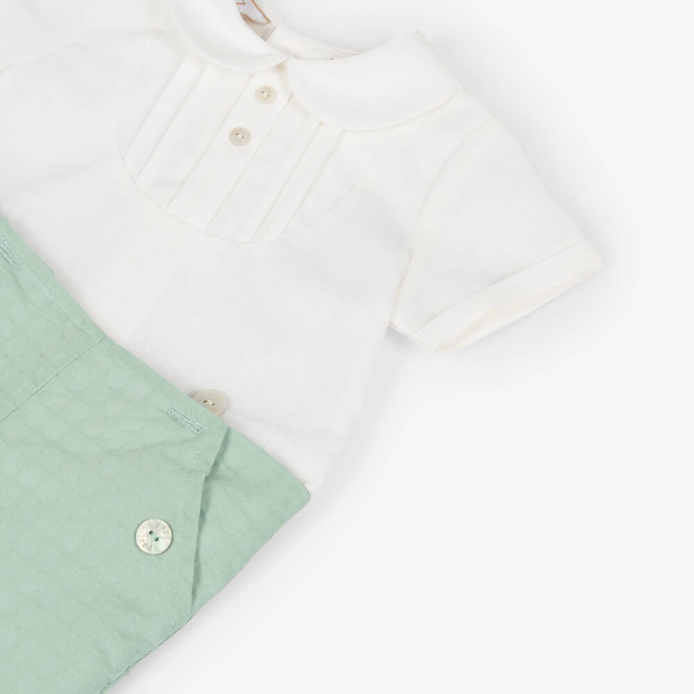 PAZ Rodríguez-Baby Boys Ivory & Aqua Green Linen Buster Suit | Childrensalon