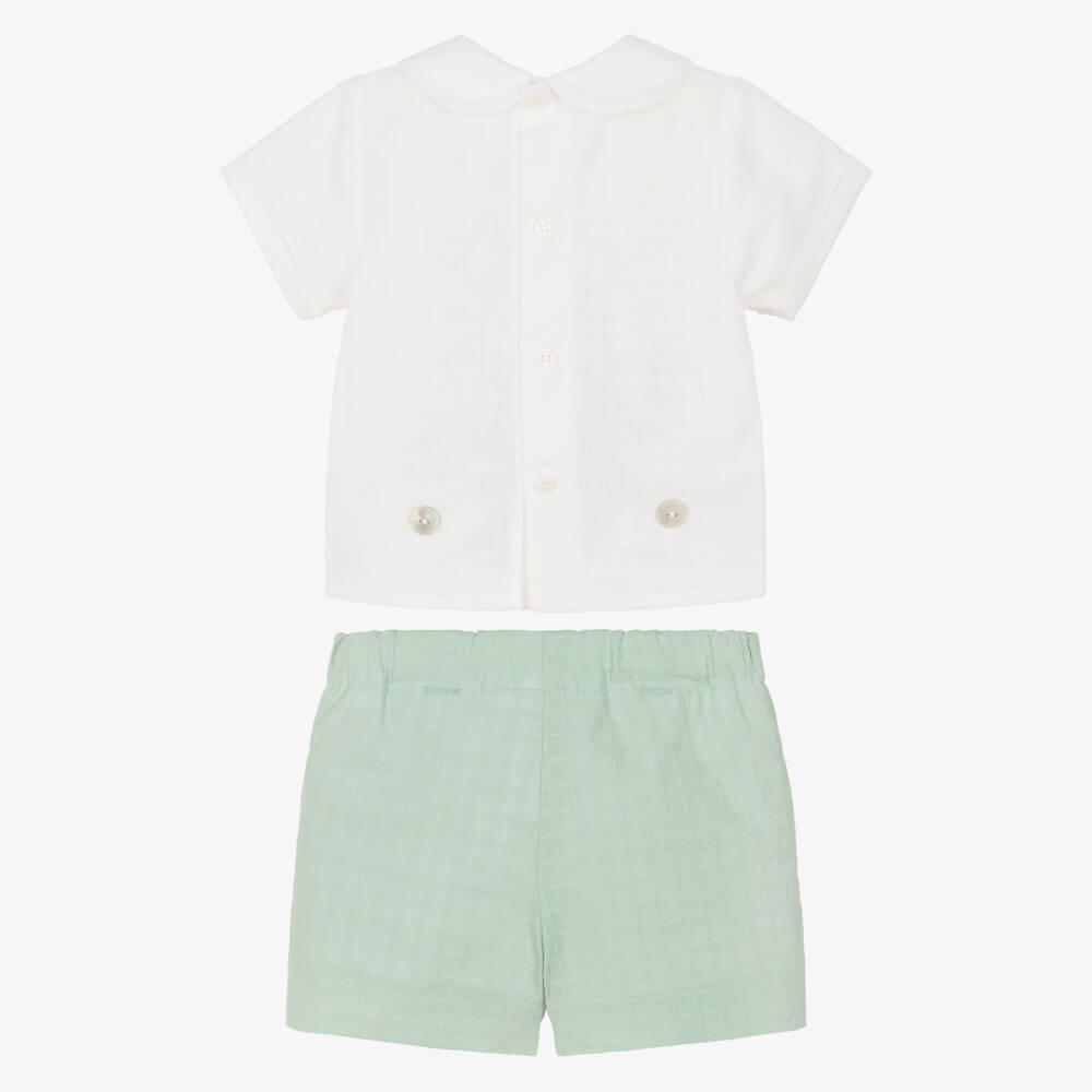 PAZ Rodríguez-Baby Boys Ivory & Aqua Green Linen Buster Suit | Childrensalon