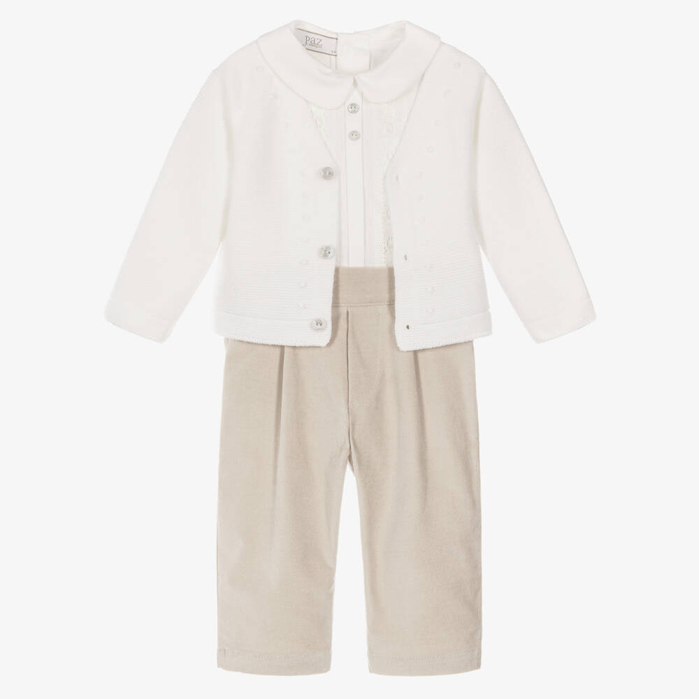 PAZ Rodríguez-Baby Boys Ivory Cardigan & Beige Buster Suit Set | Childrensalon