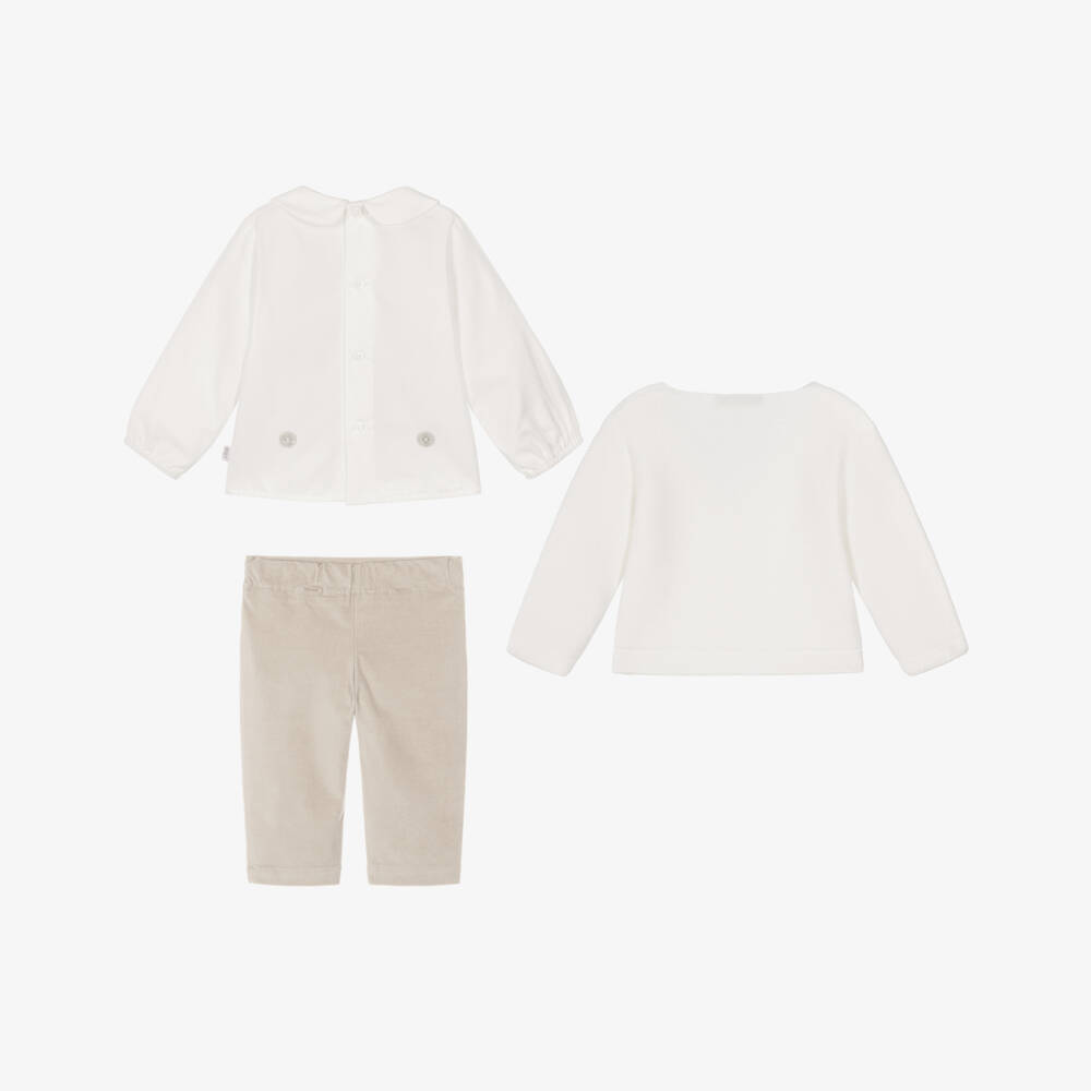 PAZ Rodríguez-Baby Boys Ivory Cardigan & Beige Buster Suit Set | Childrensalon