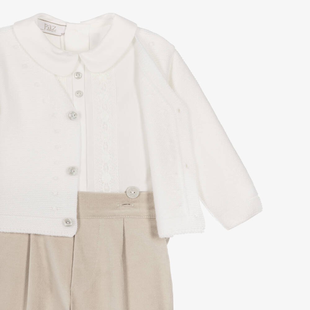 PAZ Rodríguez-Baby Boys Ivory Cardigan & Beige Buster Suit Set | Childrensalon
