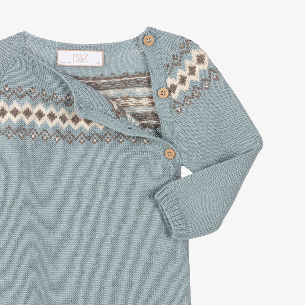 PAZ Rodríguez-Baby Boys Teal Blue Merino Wool Fair Isle Romper | Childrensalon