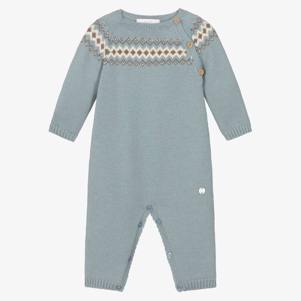 PAZ Rodríguez-Baby Boys Teal Blue Merino Wool Fair Isle Romper | Childrensalon
