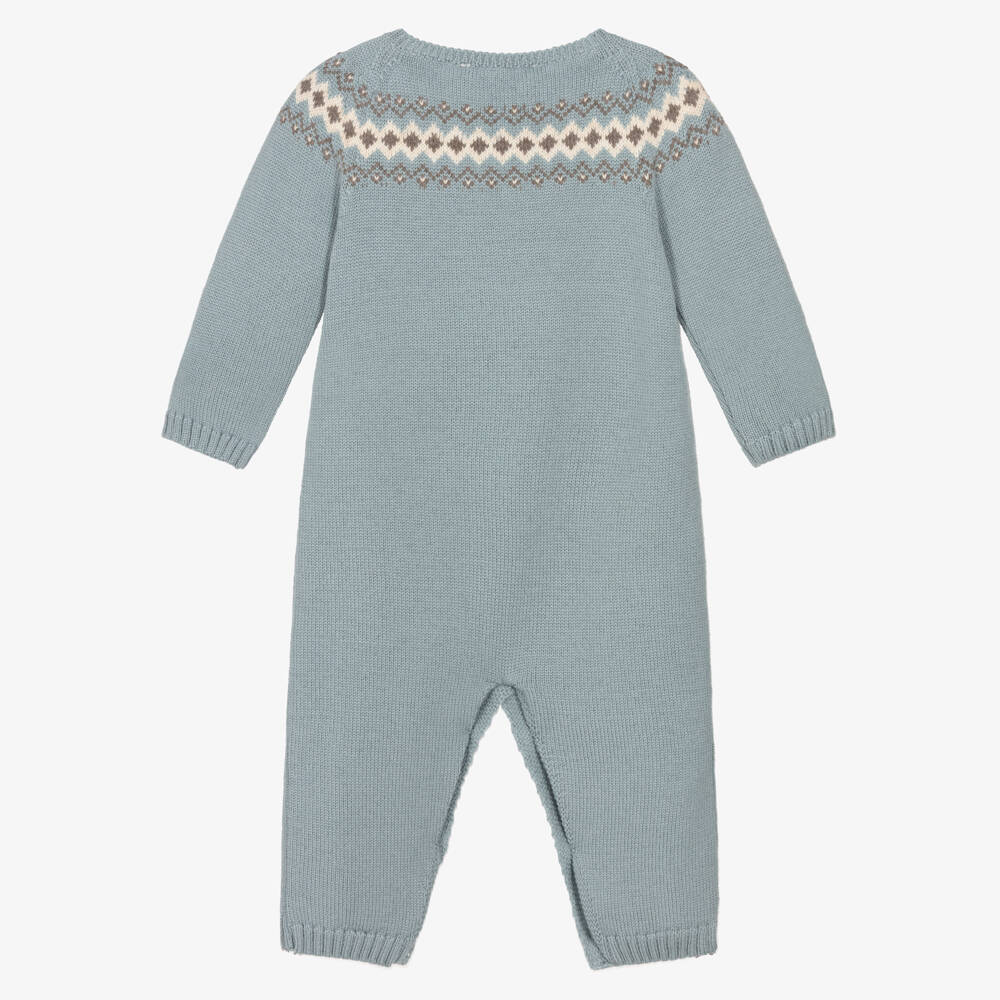 PAZ Rodríguez-Baby Boys Teal Blue Merino Wool Fair Isle Romper | Childrensalon