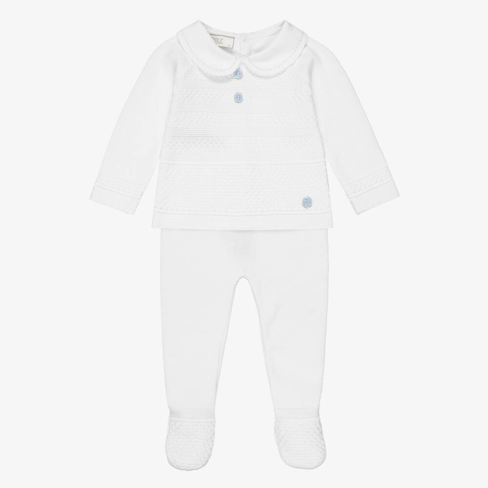 PAZ Rodríguez-Baby Boys White Knitted Trouser Set  | Childrensalon
