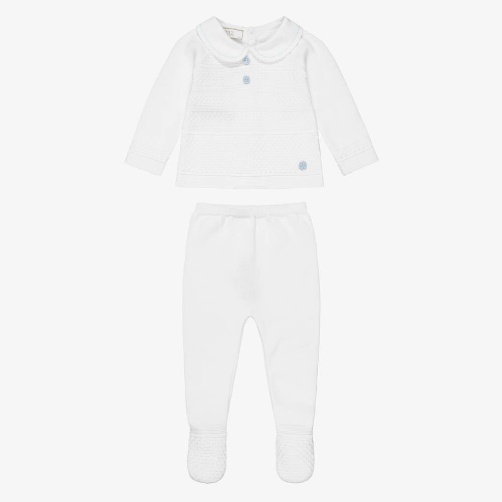 PAZ Rodríguez-Baby Boys White Knitted Trouser Set  | Childrensalon