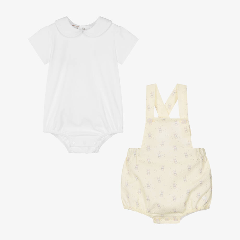 PAZ Rodríguez-Baby Boys Yellow Bunnies Cotton Dungaree Sets | Childrensalon