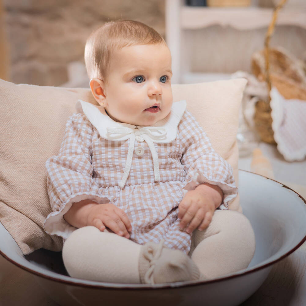PAZ Rodríguez-Baby Girls Beige Check Seersucker Shortie Set | Childrensalon