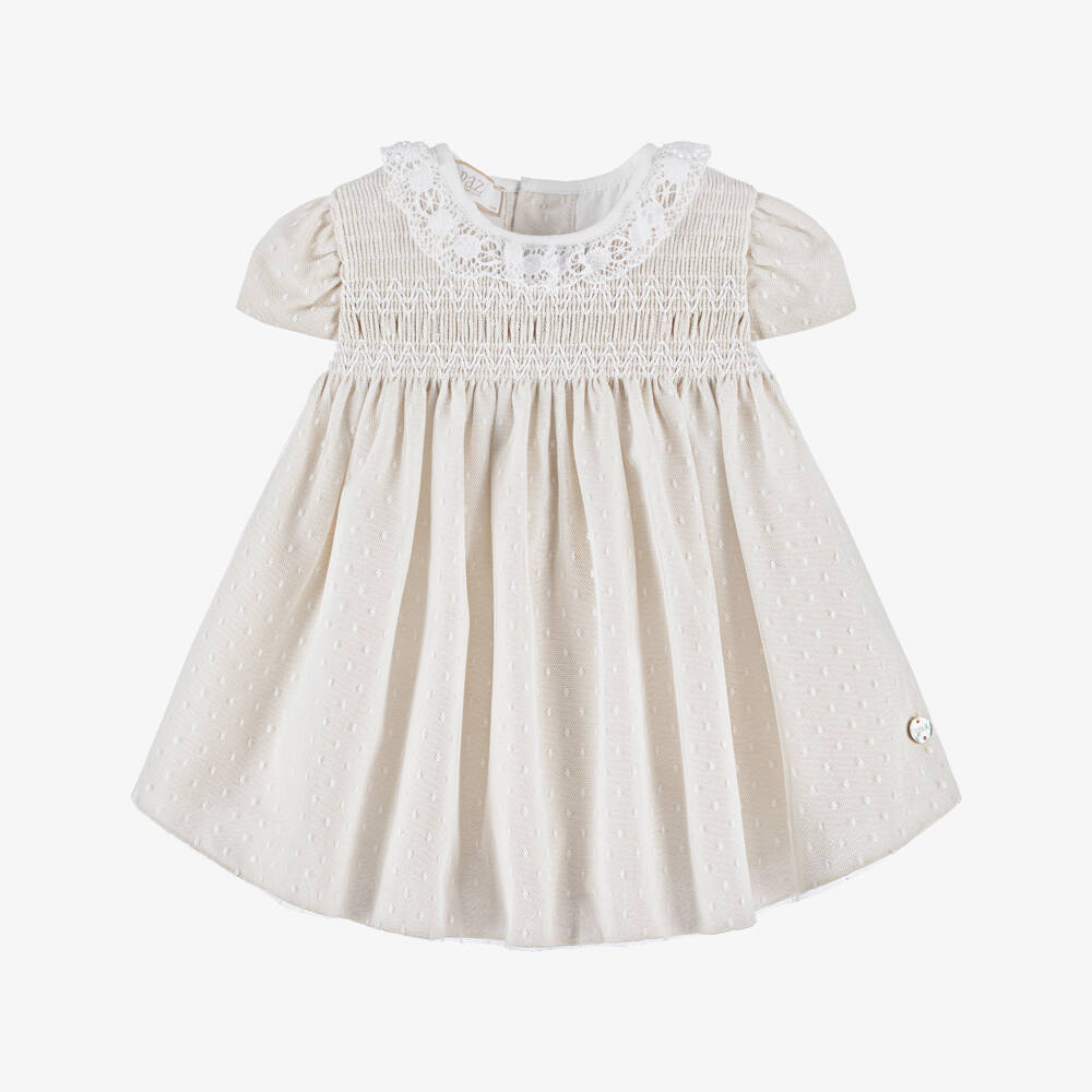 PAZ Rodríguez-Baby Girls Beige Cotton & White Tulle Dress with Lace Collar | Childrensalon