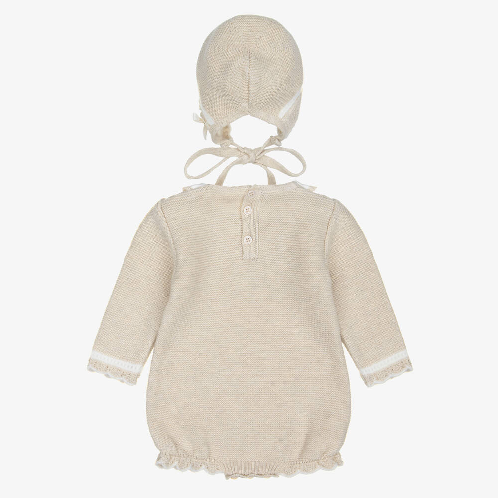 PAZ Rodríguez-Baby Girls Beige Knit Shortie & Bonnet Set | Childrensalon