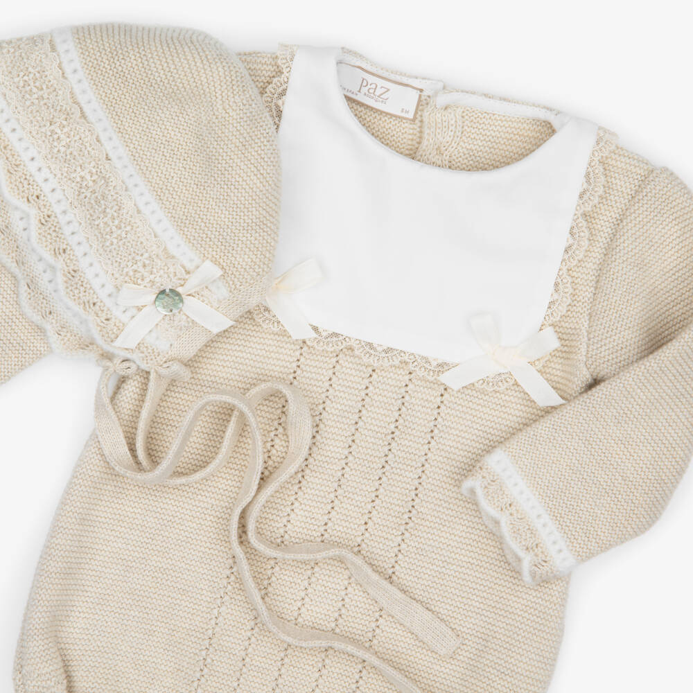 PAZ Rodríguez-Baby Girls Beige Knit Shortie & Bonnet Set | Childrensalon