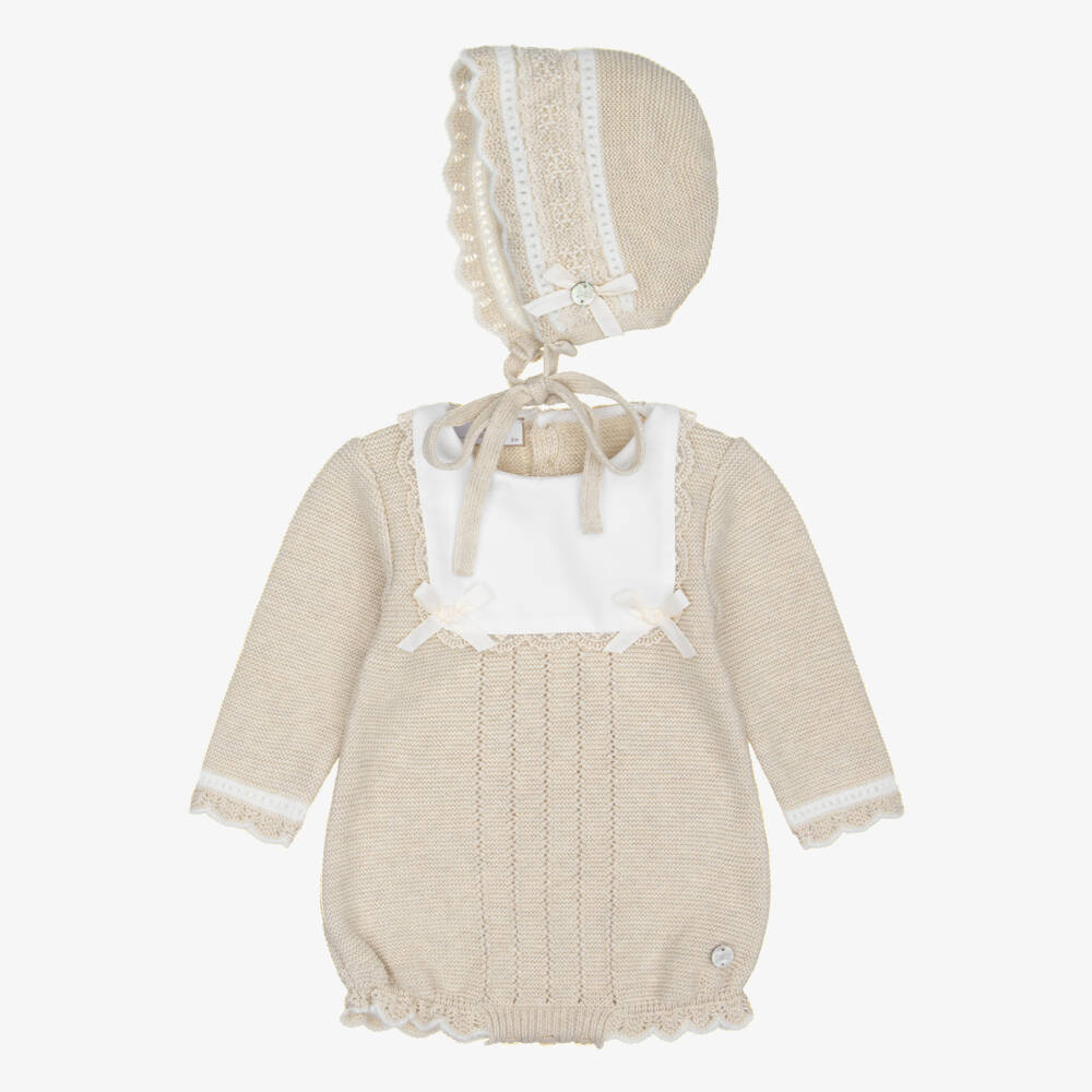 PAZ Rodríguez-Baby Girls Beige Knit Shortie & Bonnet Set | Childrensalon