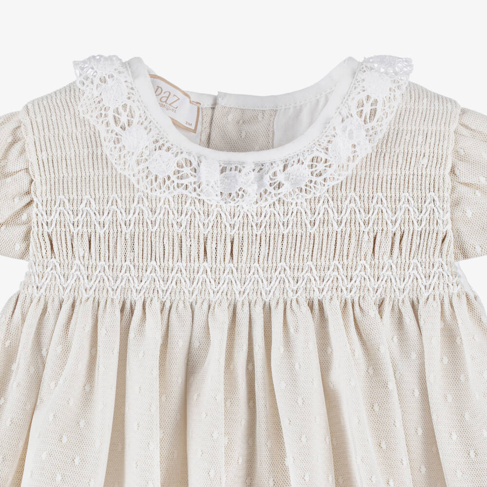 PAZ Rodríguez-Baby Girls Beige Tulle Dress with Lace Collar | Childrensalon