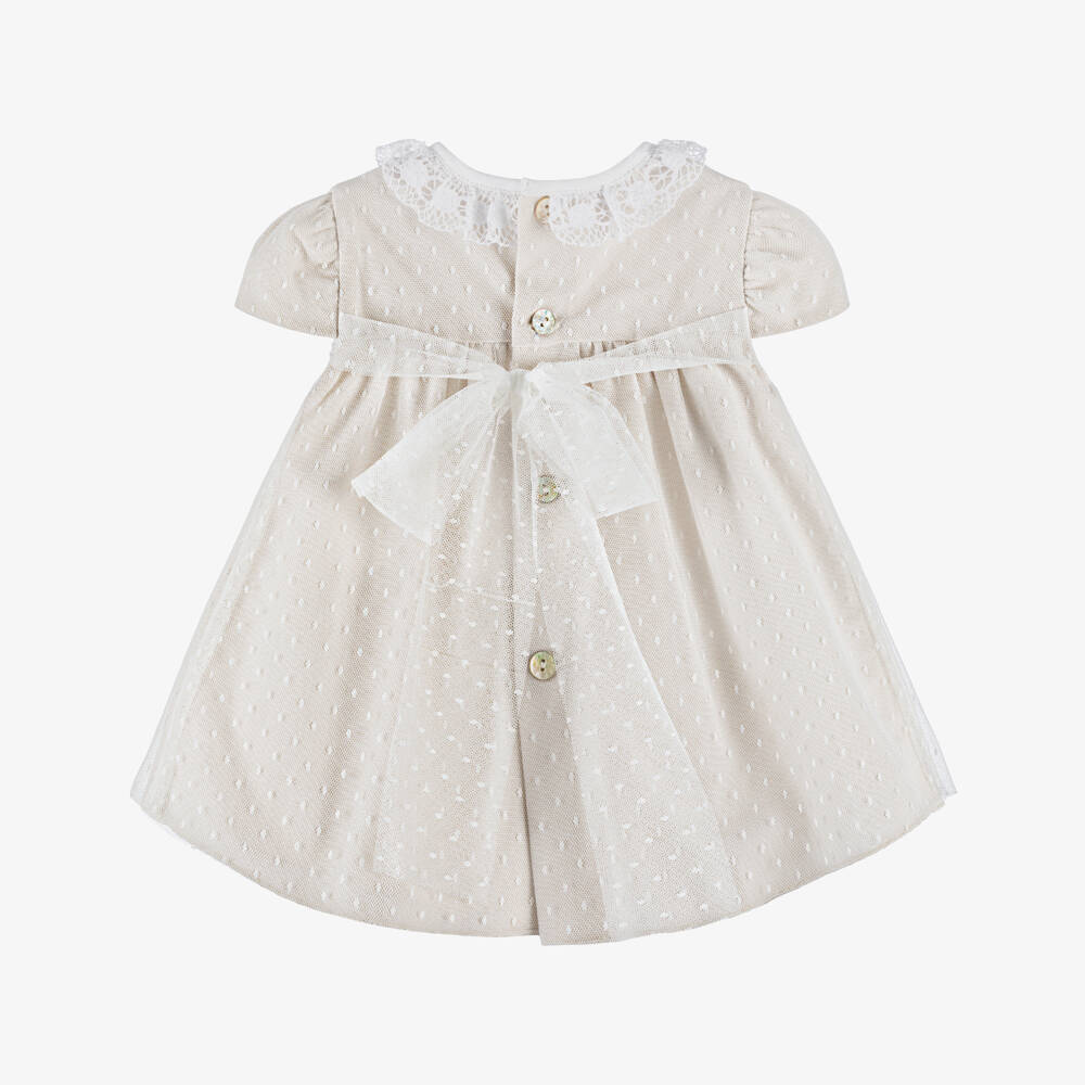 PAZ Rodríguez-Baby Girls Beige Tulle Dress with Lace Collar | Childrensalon