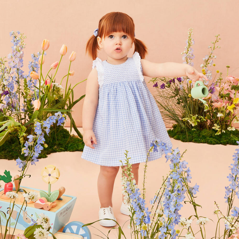 PAZ Rodríguez-Baby Girls Blue Gingham Dress with Broderie Anglaise Trim | Childrensalon