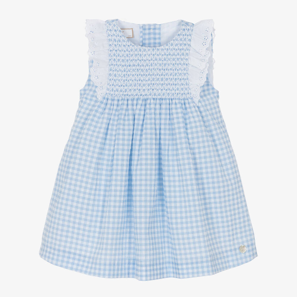 PAZ Rodríguez-Baby Girls Blue Gingham Dress with Broderie Anglaise Trim | Childrensalon