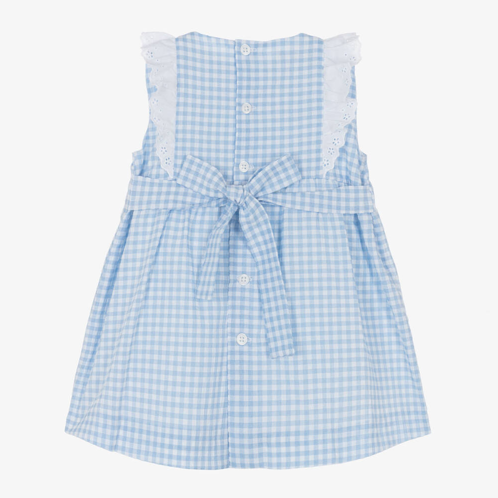 PAZ Rodríguez-Baby Girls Blue Gingham Dress with Broderie Anglaise Trim | Childrensalon