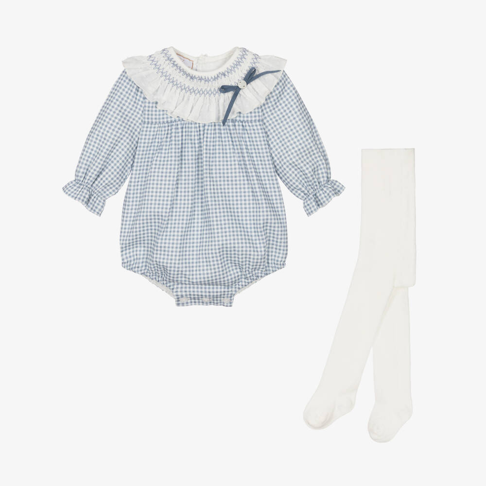 PAZ Rodríguez-Baby Girls Blue Gingham Shortie & Tights Set | Childrensalon