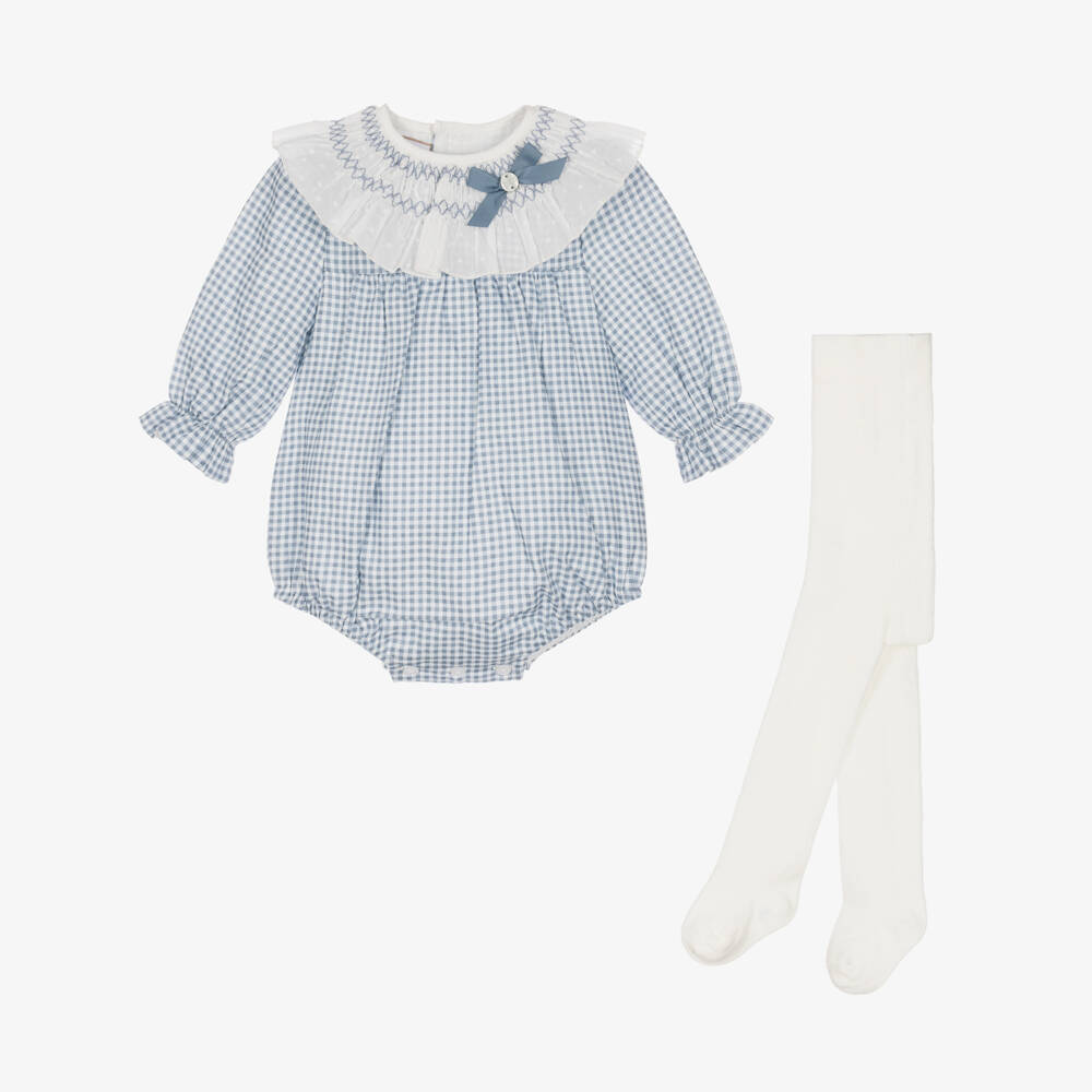 PAZ Rodríguez-Baby Girls Blue Gingham Shortie & Tights Set | Childrensalon