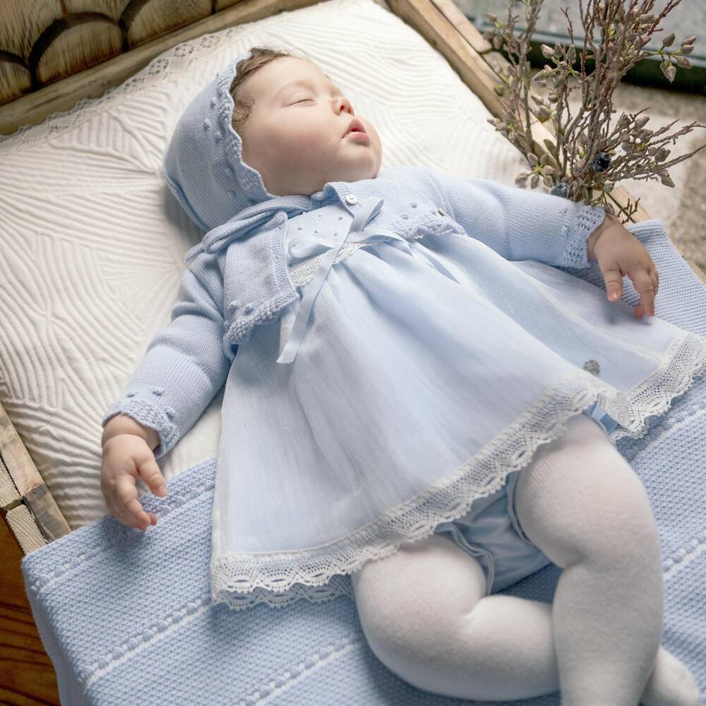 PAZ Rodríguez-Baby Girls Blue Lace Trimmed Dress | Childrensalon