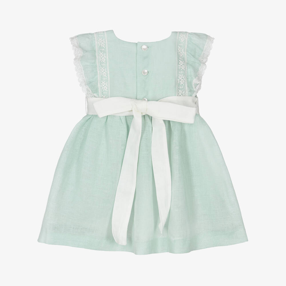PAZ Rodríguez-فستان كتان مزين بالدانتيل لون أخضر للبنات الرضع | Childrensalon